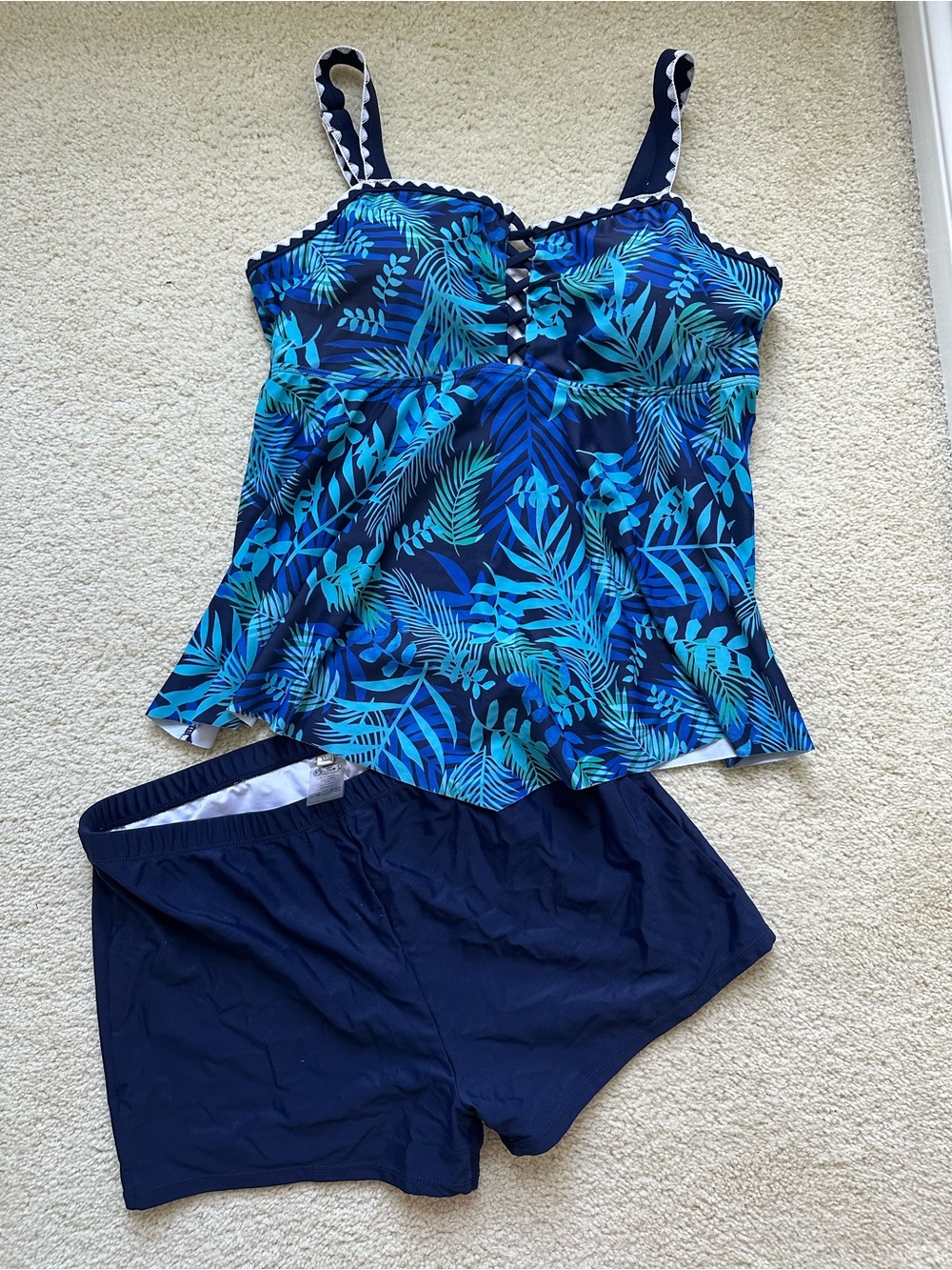Blue Tropical Print Tankini Set with Navy Swim Shorts